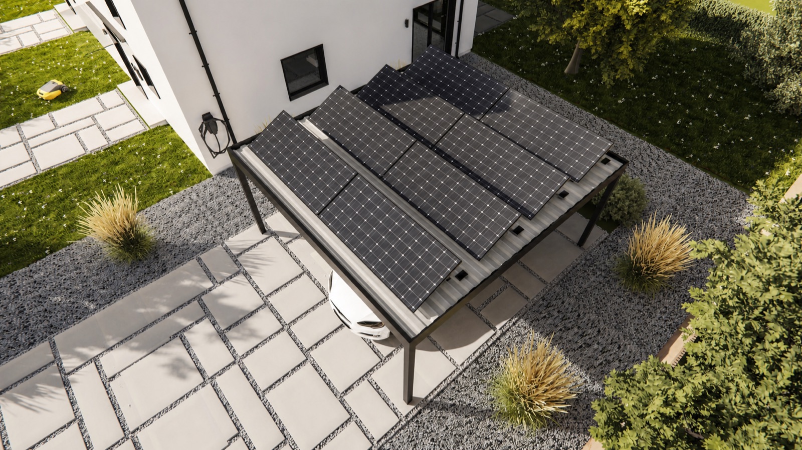 PV-Carport mit Solarmodulen aus der Vogelperspektive