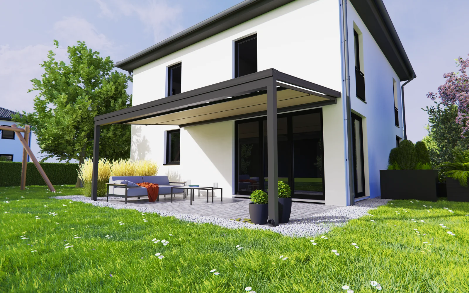 Visualisierung einer modernen Terrassenüberdachung
